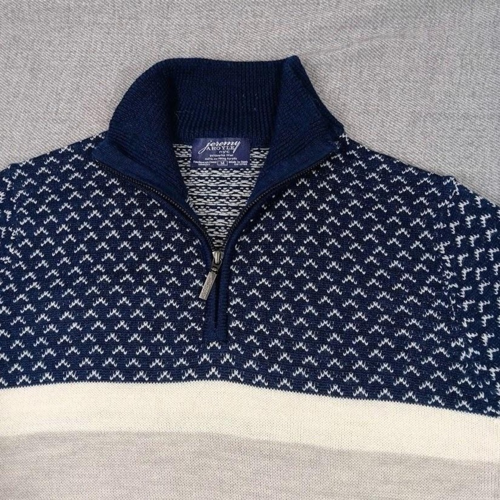 Jeremy‎ Argyle Sweater Mens Medium Gray Fair Isle 1/4 Zip Mock Neck Wool Merino